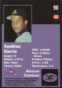 1993 Lime Rock Dominican Winter League #98 Apolinar Garcia Back