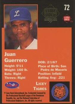 1993 Lime Rock Dominican Winter League - Diamond Stars #72 Juan Guerrero Back