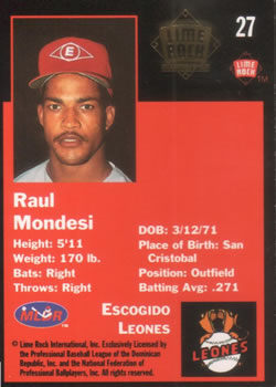 1993 Lime Rock Dominican Winter League - Diamond Stars #27 Raul Mondesi Back
