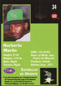 1993 Lime Rock Dominican Winter League - Diamond Stars #34 Norberto Martin Back