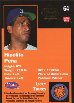 1993 Lime Rock Dominican Winter League - Diamond Stars #64 Hipolito Pena Back