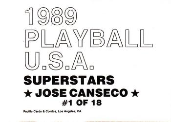 1989 Pacific Cards & Comics Playball U.S.A. (unlicensed) #1 Jose Canseco Back