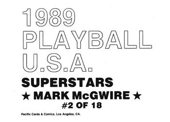 1989 Pacific Cards & Comics Playball U.S.A. (unlicensed) #2 Mark McGwire Back