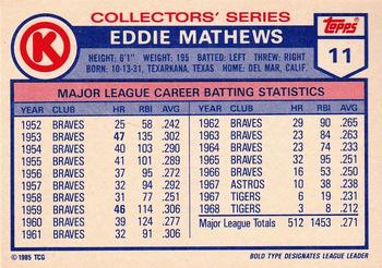 1985 Topps Circle K All Time Home Run Kings #11 Eddie Mathews Back