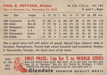 1953 Glendale Hot Dogs Detroit Tigers #NNO Paul Foytack Back