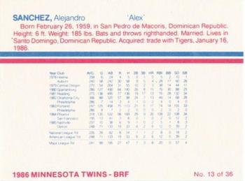 1986 Minnesota Twins #13 Alex Sanchez Back