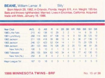 1986 Minnesota Twins #15 Billy Beane Back