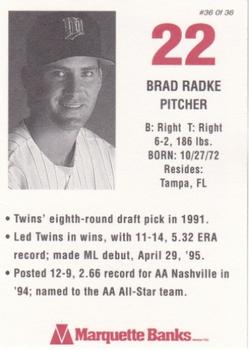 1996 Marquette Bank Minnesota Twins #36 Brad Radke Back