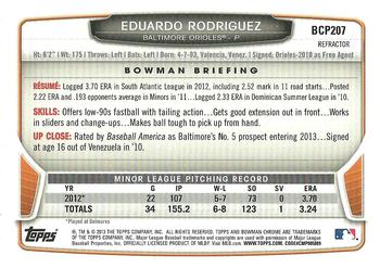2013 Bowman Chrome - Prospects Green Refractors #BCP207 Eduardo Rodriguez Back