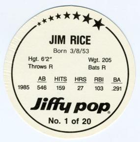 1986 Jiffy Pop Discs #1 Jim Rice Back