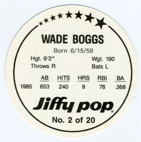 1986 Jiffy Pop Discs #2 Wade Boggs Back