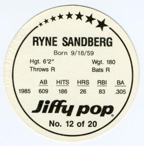 1986 Jiffy Pop Discs #12 Ryne Sandberg Back