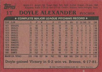 1982 Topps Traded #1T Doyle Alexander Back