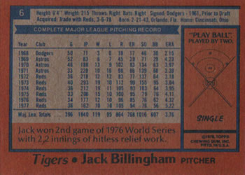 1978 Topps Burger King Detroit Tigers #6 Jack Billingham Back