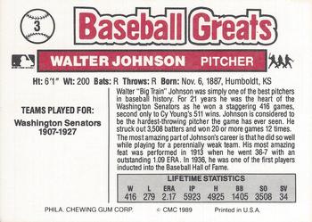 1989 Swell Baseball Greats #3 Walter Johnson Back
