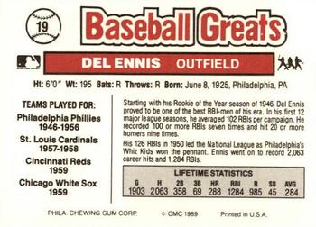 1989 Swell Baseball Greats #19 Del Ennis Back