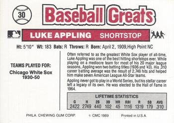 1989 Swell Baseball Greats #30 Luke Appling Back