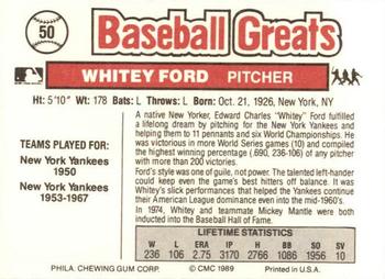 1989 Swell Baseball Greats #50 Whitey Ford Back