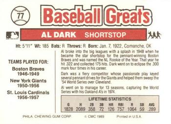 1989 Swell Baseball Greats #77 Al Dark Back
