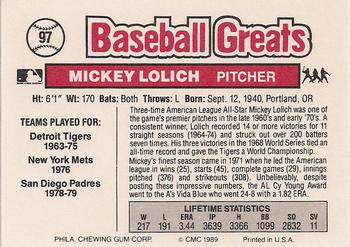 1989 Swell Baseball Greats #97 Mickey Lolich Back