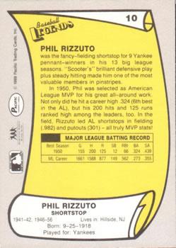 1988 Pacific Legends I #10 Phil Rizzuto Back