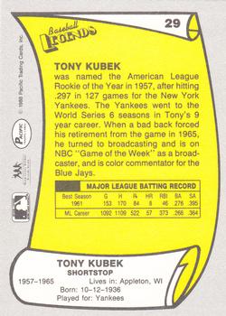1988 Pacific Legends I #29 Tony Kubek Back