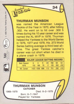1988 Pacific Legends I #34 Thurman Munson Back