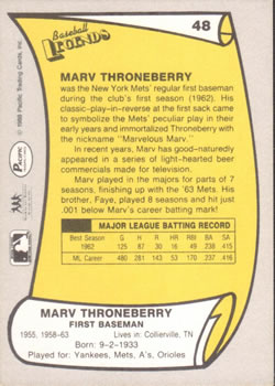 1988 Pacific Legends I #48 Marv Throneberry Back