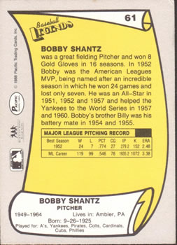 1988 Pacific Legends I #61 Bobby Shantz Back
