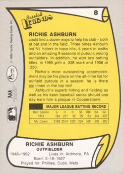 1988 Pacific Legends I #8 Richie Ashburn Back