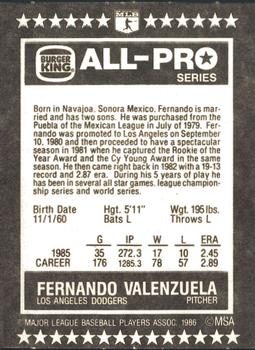 1986 Burger King All-Pro Series #3 Fernando Valenzuela Back