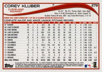 2014 Topps - Red #279 Corey Kluber Back
