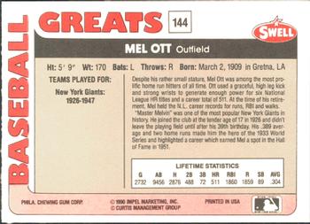 1991 Swell Baseball Greats #144 Mel Ott Back