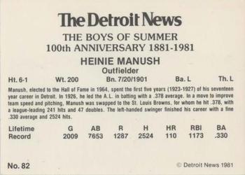 1981 Detroit News Detroit Tigers #82 Heinie Manush Back