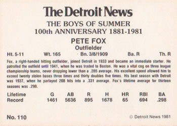 1981 Detroit News Detroit Tigers #110 Pete Fox Back