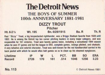 1981 Detroit News Detroit Tigers #113 Dizzy Trout Back