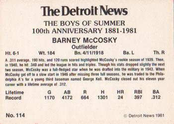 1981 Detroit News Detroit Tigers #114 Barney McCosky Back