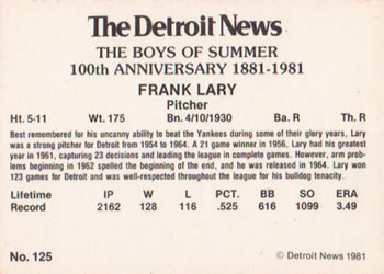 1981 Detroit News Detroit Tigers #125 Frank Lary Back