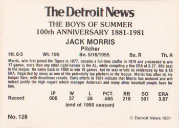 1981 Detroit News Detroit Tigers #128 Jack Morris Back