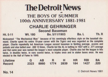 1981 Detroit News Detroit Tigers #14 Charlie Gehringer Back