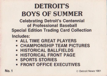 1981 Detroit News Detroit Tigers #1 Detroit's Boys of Summer 100th Anniversary Back