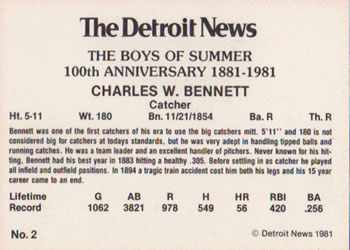 1981 Detroit News Detroit Tigers #2 Charles W. Bennett Back
