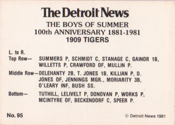 1981 Detroit News Detroit Tigers #95 1909 Tigers Back