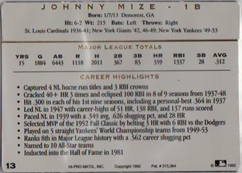 1993 Action Packed All-Star Gallery Series I #13 Johnny Mize Back