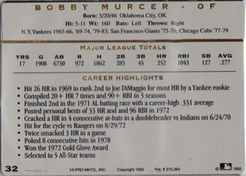 1993 Action Packed All-Star Gallery Series I #32 Bobby Murcer Back