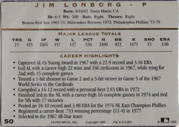 1993 Action Packed All-Star Gallery Series I #50 Jim Lonborg Back