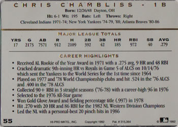 1993 Action Packed All-Star Gallery Series I #55 Chris Chambliss Back