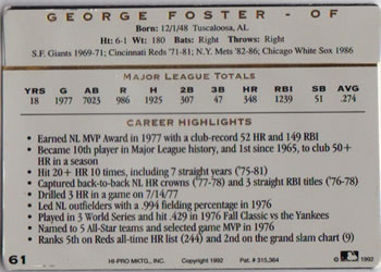 1993 Action Packed All-Star Gallery Series I #61 George Foster Back