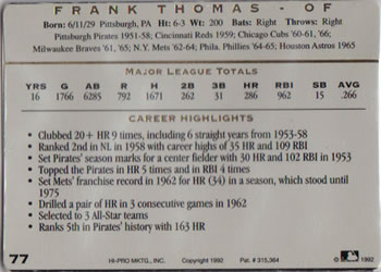 1993 Action Packed All-Star Gallery Series I #77 Frank Thomas Back