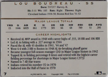 1993 Action Packed All-Star Gallery Series I #7 Lou Boudreau Back